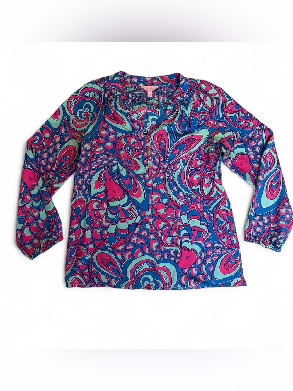 Lilly Pulitzer Blue Pink Teal Paisley Silk Long Sleeve Blouse Women’s S
